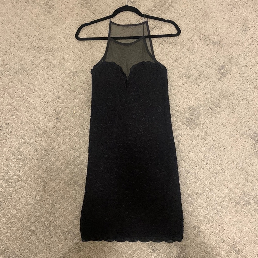 Lace/sheer neck black mini dress